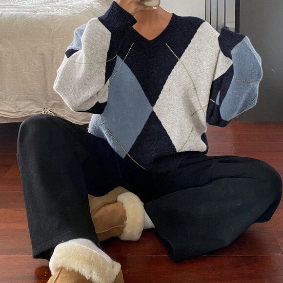 Navy Blue Casual Women's Plaid Loose Fit Long Sleeve Crew Neck Sweater - Picture 1 of 6